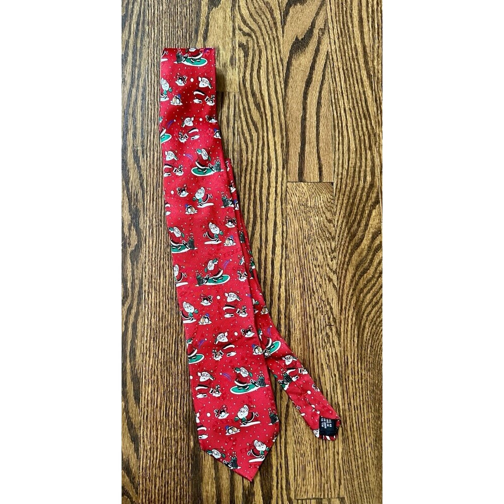 SpecialTies Hallmark Men's Red Santa Golfing Penguins Tie Holiday 100% Silk‎ EUC